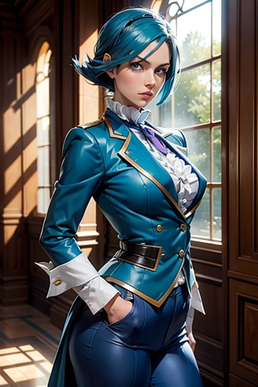 Franziska Von Karma ((Phoenix Wright : ace attorney)) in a justice Hall, Lawyer, 30 ans, Cyan Blue Hair, Puffy clothes, Clothing with ruffles, Wear a blue pant ,Use a Whip, Cyan blue clothes, , Regard strict, Stern look. (Best quality:1.1), (Masterpiece:1.4), (cheveux volumineux)+ , cheveux courts, Squared Chheveux (Yeux verts) Petits seins, (small lips ) + pose dynamique ,