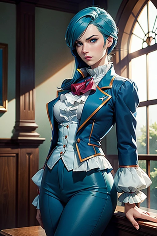 Franziska Von Karma ((Phoenix Wright : ace attorney)) in a justice Hall, Lawyer, 30 ans, Cyan Blue Hair, Puffy clothes, Clothing with ruffles, Wear a blue pant ,Use a Whip, Cyan blue clothes, , Regard strict, Stern look. (Best quality:1.1), (Masterpiece:1.4), (cheveux volumineux)+ , cheveux courts, Squared Chheveux (Yeux verts) Petits seins, (small lips ) + pose dynamique ,