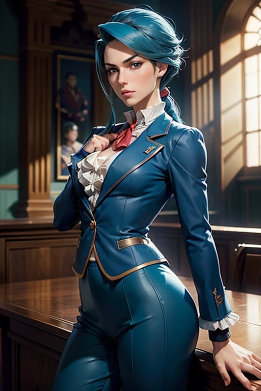 Franziska Von Karma ((Phoenix Wright : ace attorney)) in a justice Hall, Lawyer, 30 ans, Cyan Blue Hair, Puffy clothes, Clothing with ruffles, Wear a blue pant ,Use a Whip, Cyan blue clothes, , Regard strict, Stern look. (Best quality:1.1), (Masterpiece:1.4), (cheveux volumineux)+ , cheveux courts, Squared Chheveux (Yeux verts) Petits seins, (small lips ) + pose dynamique ,