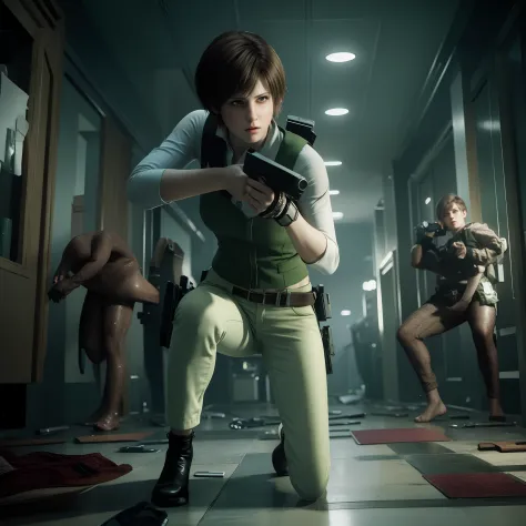 Rebecca Chambers, beautiful face, bob hair, perfect Face, wearing green vest with white pants,  nail polish, Look straight, glare