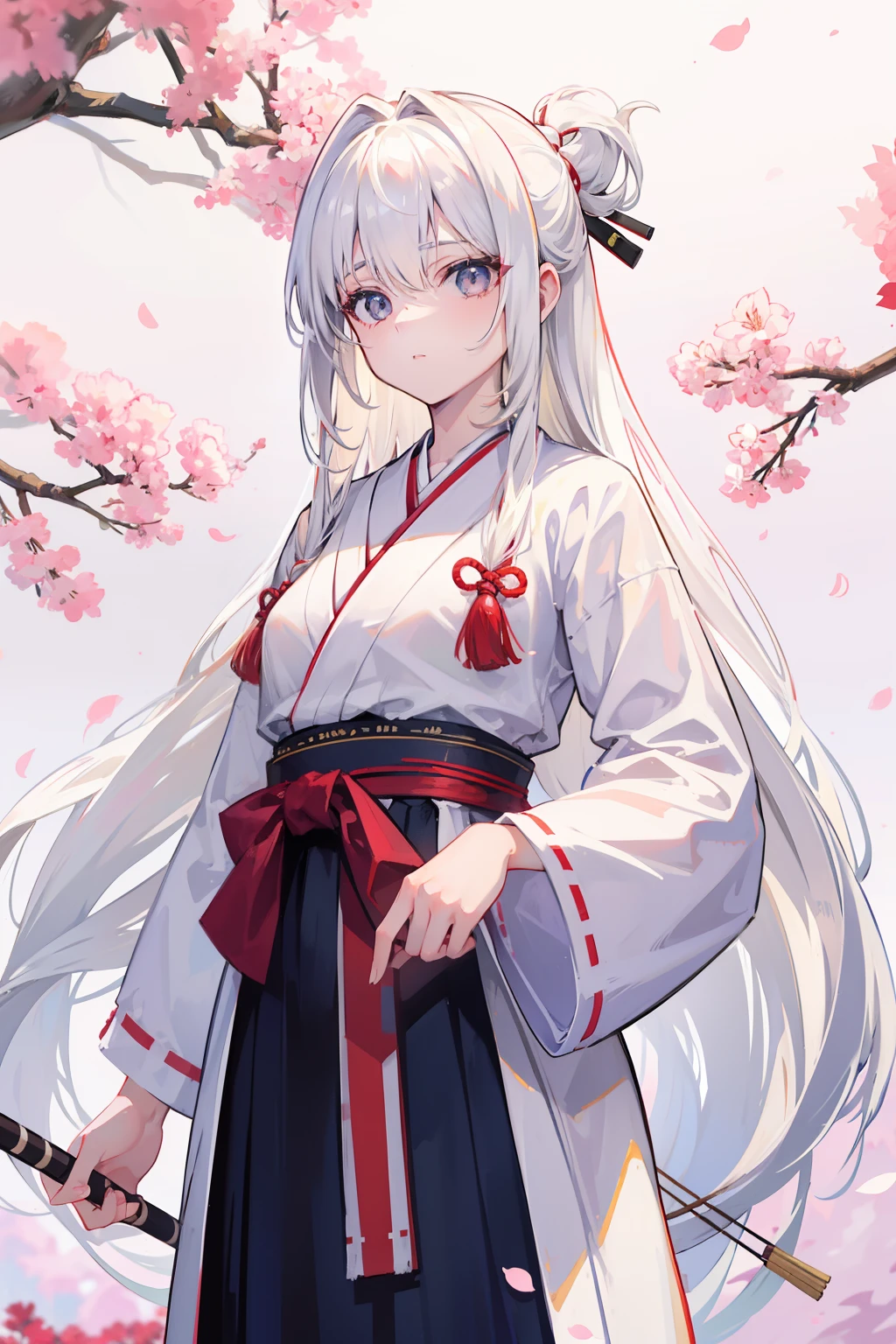 white  hair,Top image quality,teens girl,​masterpiece,de pele branca,Semi-long hair,,hime-cut,small tits,tits out,Glowing face,Kyudogi,Kyudo,Hakama,cherry trees,,