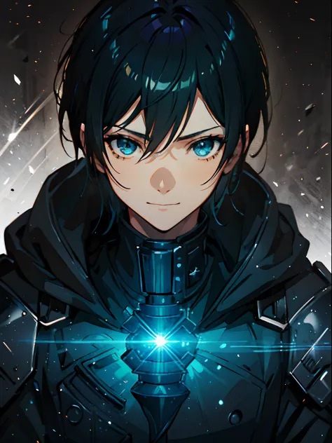 Kirito, anime style cool guy, sword art online, black slim armor, black trench coat, 1boy, looking at viewer, standing, thinking, smiling, upper body, ultra-detailed, Simple background, high quality, high resolution, masterpiece, best quality, (extremely d...