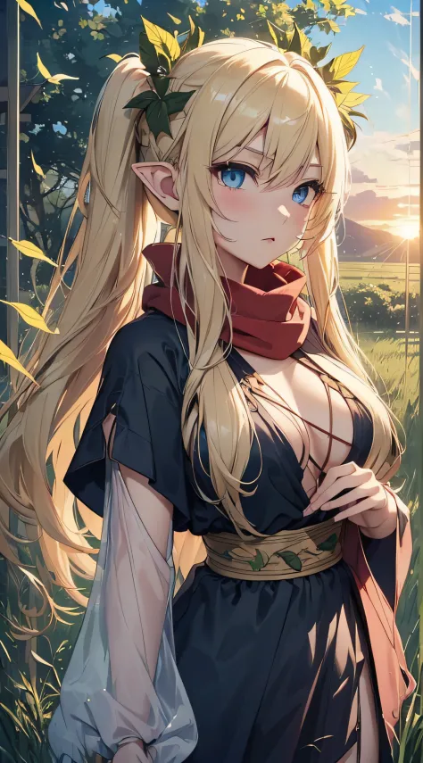 top-quality、Top image quality、​masterpiece、An elf girl((18year old、Best Bust、big bast,Beautiful blue eyes、Breasts wide open, Blonde twintails、A slender,Large valleys、red scarf、Clothes in black robes、Hold your right hand in front of you、Put your left hand o...