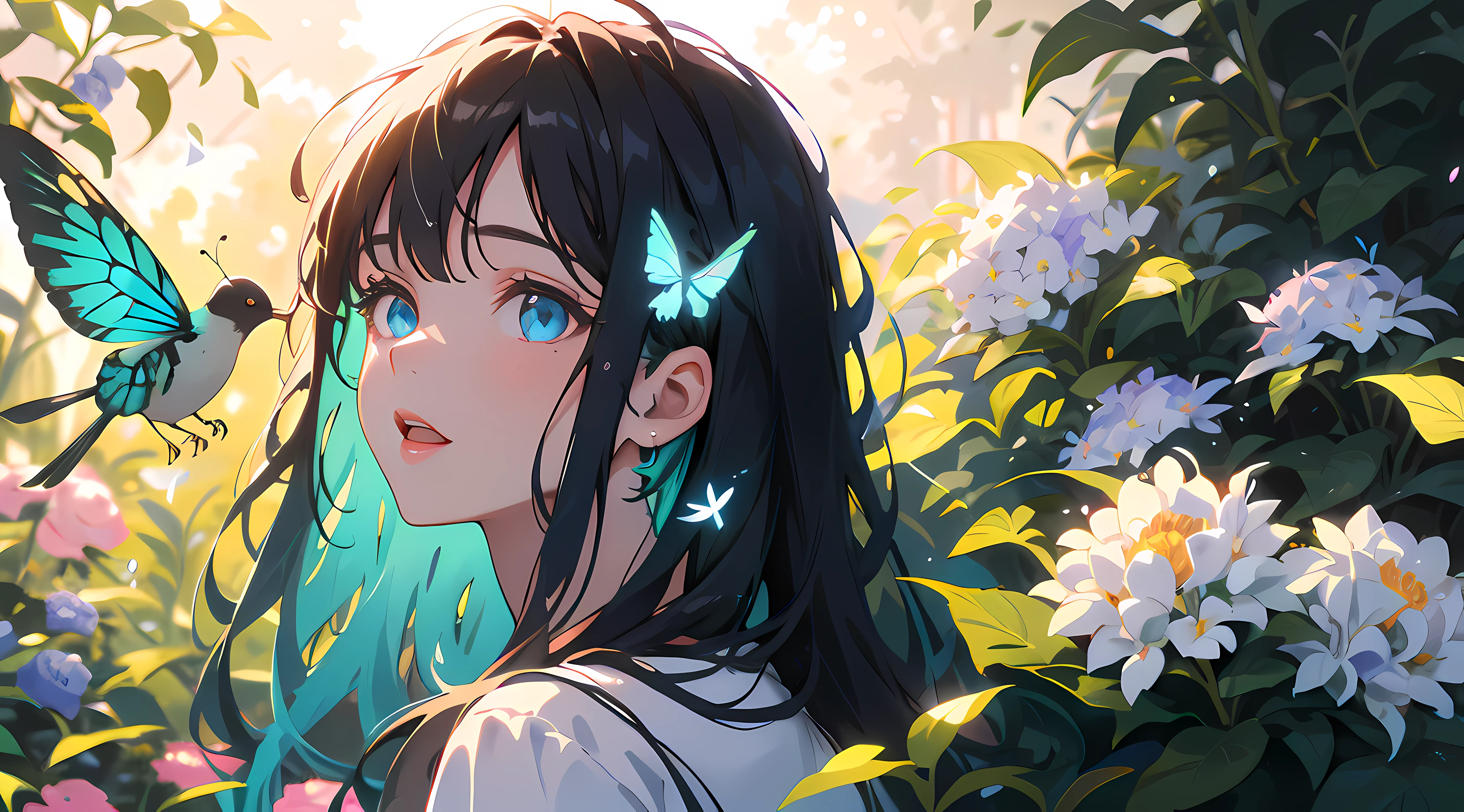 A girl in a garden,beautiful detailed eyes,beautiful detailed lips,extremely detailed eyes and face,longeyelashes,illustration,ultra-detailed,highres,photo-realistic:1.37,studio lighting,vivid colors,soft sunlight,flowers blooming,green foliage,singing birds,butterflies fluttering,serene atmosphere,pure happiness.