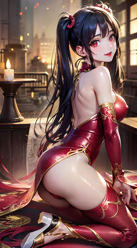 (perfect anatomy, anatomically correct, super detailed skin), 1 mature woman, solo, japanese, (detailed ultra-oily shiny skin:1.1), watching the view, (smile:1.5, happiness), 
((metallic red chinese costume, red lips), (embroidered cloth shoes), open chest...
