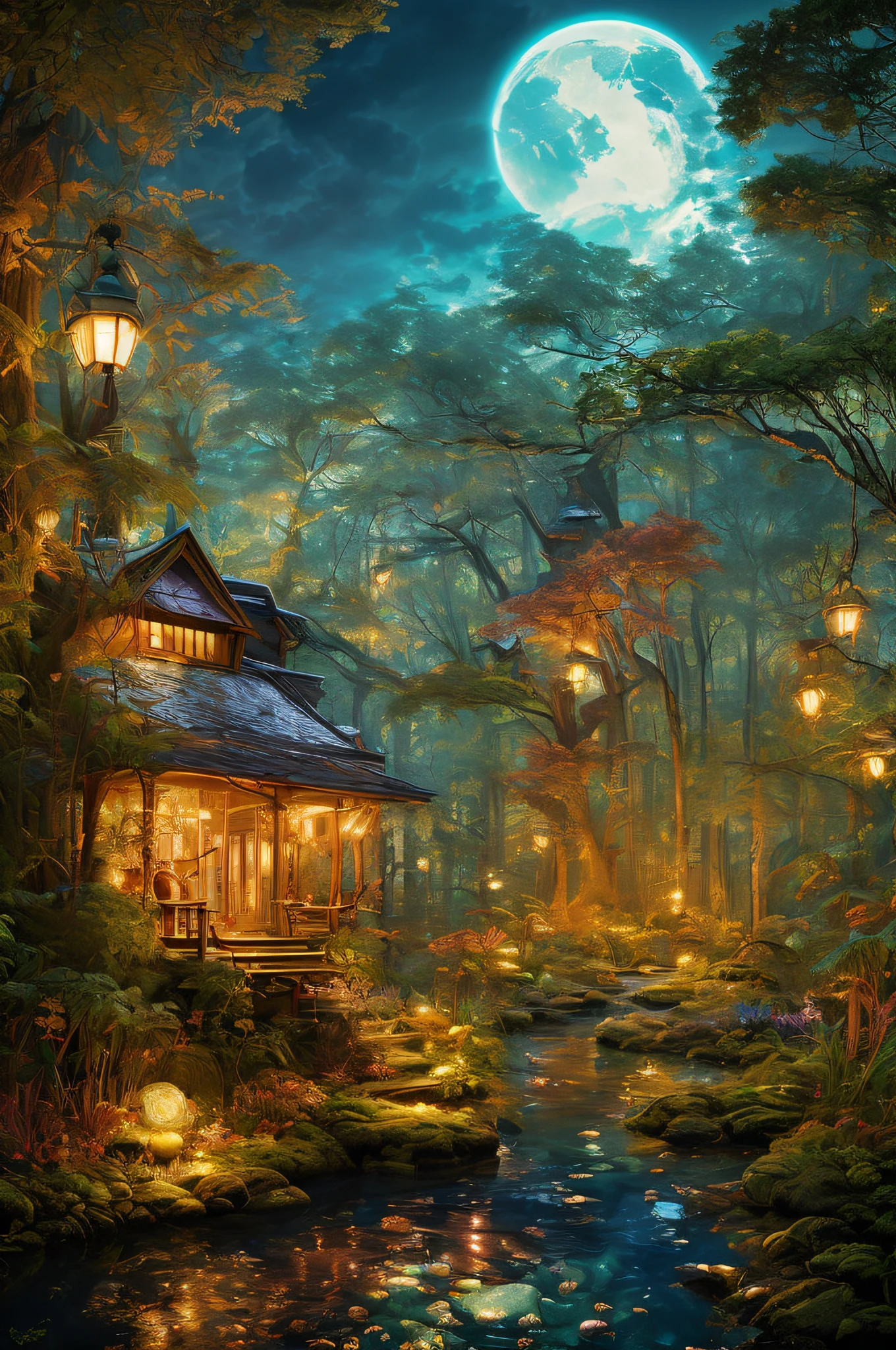 A painting of a house in the woods with a full moon - SeaArt AI