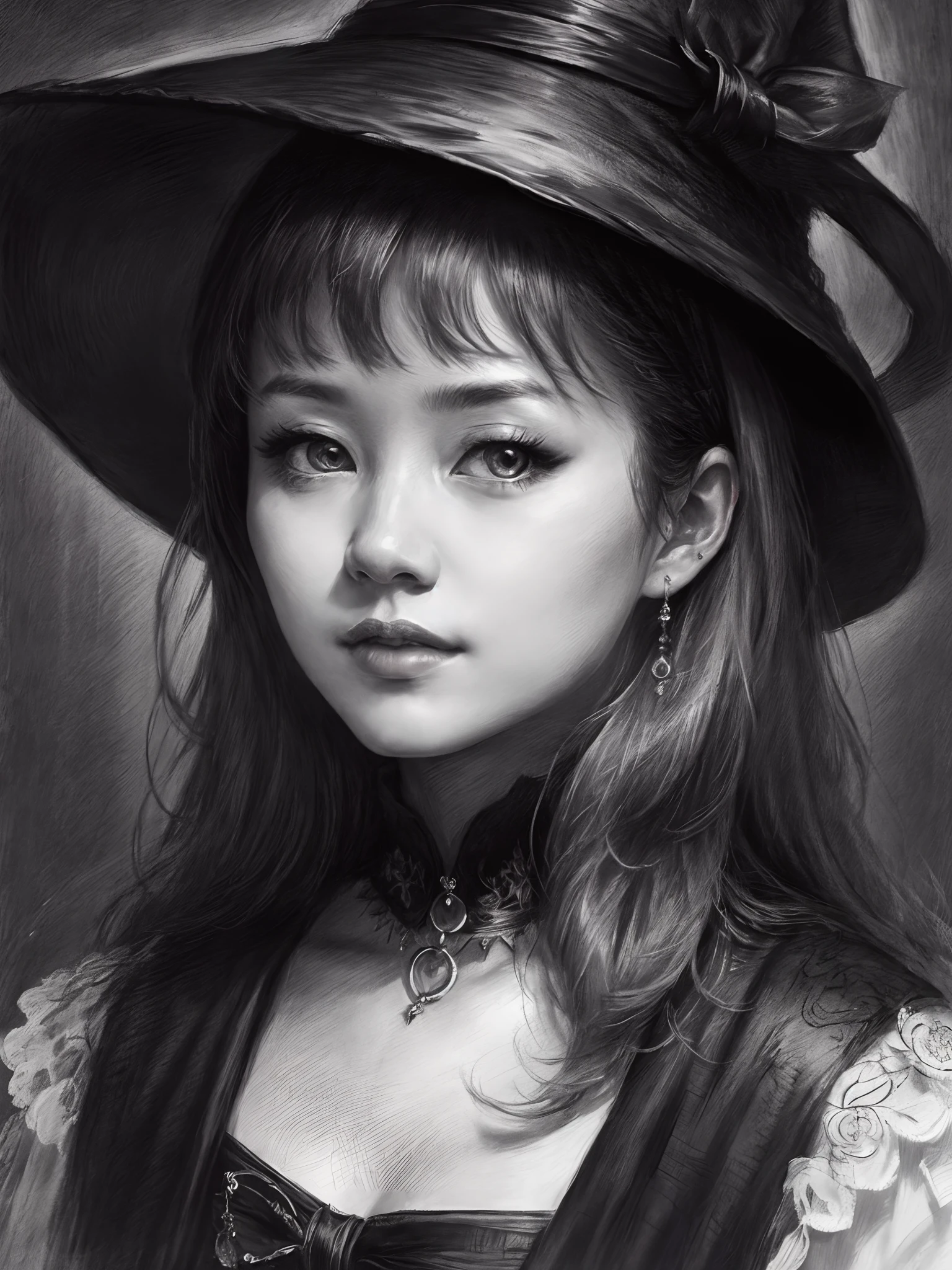 sketch, sumiao，Portrait of a bewitching witch, anatomy correct, eyes with brightness, Young and glamorous, Wearing a pointed hat, Detailed face, High details, Photography, Dark Studio, rim-light, Nikon D850, 50 millimeters, f/1.4