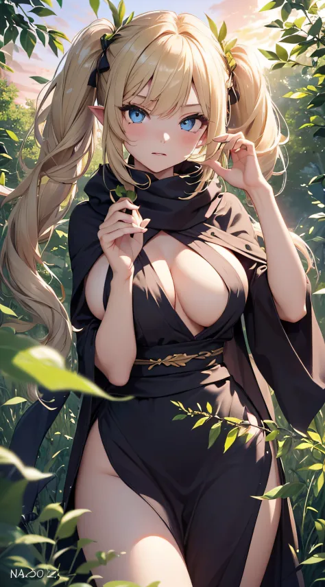 top-quality、Top image quality、​masterpiece、An elf girl((18year old、Best Bust、big bast,Beautiful blue eyes、Breasts wide open, Blonde twintails、A slender,Large valleys、red scarf、Clothes in black robes、Hold your right hand in front of you、Fluttering hair)）hiq...
