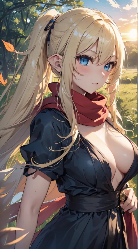 top-quality、Top image quality、​masterpiece、An elf girl((18year old、Best Bust、big bast,Beautiful blue eyes、Breasts wide open, Blonde twintails、A slender,Large valleys、red scarf、Clothes in black robes、Hold your right hand in front of you、Fluttering hair)）hiq...