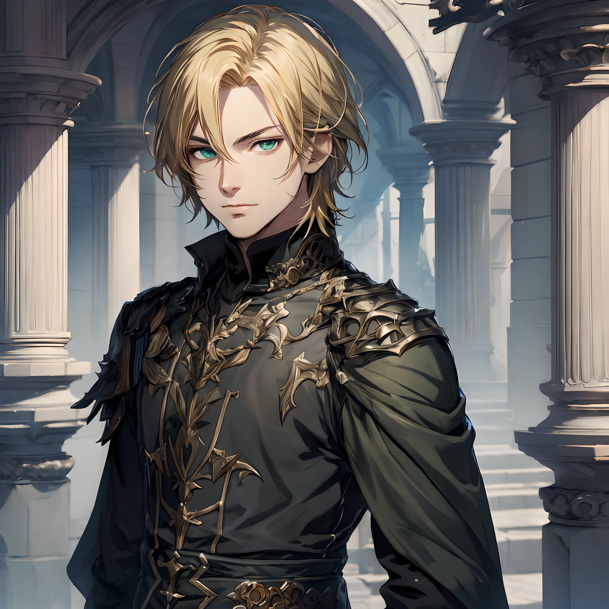 masterpiece, best quality, 1man, adult, male focus, solo, blonde hair, medium hair, vibrant black eyes, looking at viewer, closed mouth, Fantasy aesthetics, Highly detailed, shadowverse style