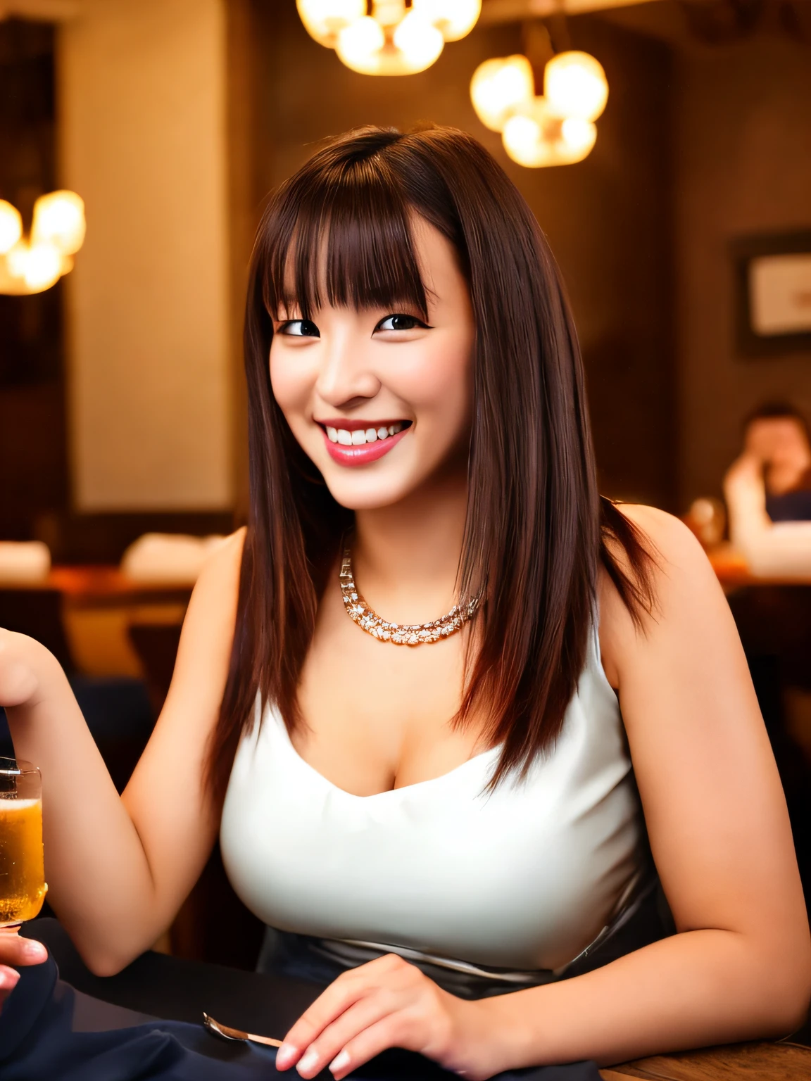 Qualidade do produto, 1 garota por 1 foto, tiro de vaqueiro, vista frontal, uma jovem bonita japonesa, cabelo bob longo, Usando uma aliança de casamento, Jantar à noite com um grande sorriso num restaurante requintado de Londres, Sentado em uma cadeira em frente à mesa, Cerveja, carne e legumes na mesa, Vestindo um longo vestido sem mangas de cetim brilhante vermelho coral, um colar, cara hiper fofa, Lábios brilhantes, pálpebras duplas para ambos os olhos, maquiagem natural, cabelo castanho claro liso brilhante de um longo cabelo bob, Franja assimétrica, pele bronzeada, imagem central, Resolução 8K, alto detalhamento, Penteado detalhado, rosto detalhado, iluminação cinematográfica, renderização de octanas, hiper-realista, Membros perfeitos, anatomia perfeita