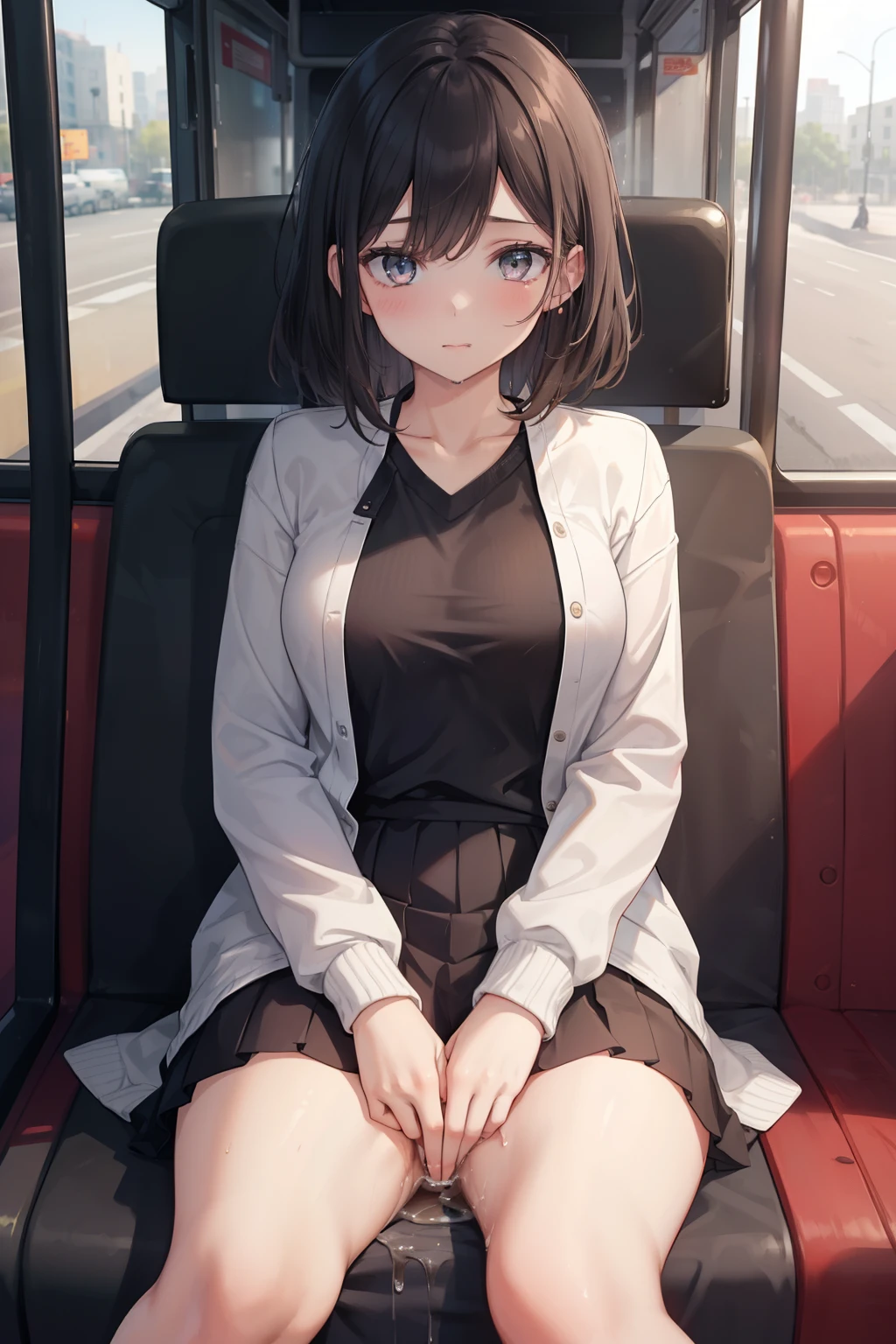 Anime girl sitting on a bus seat with her legs crossed - SeaArt AI