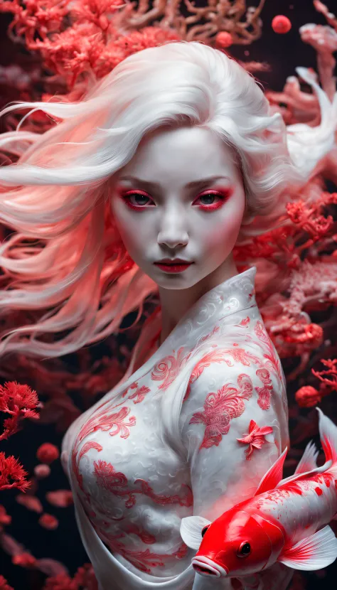 photo RAW, (Black, dark red and neon pink : Portrait of 2 ghostly long tailed white koi, woman, shiny aura, highly detailed, red filigree, intricate motifs, organic tracery, glowing stardust , perfect composition, smooth, sharp focus, sparkling particles, ...