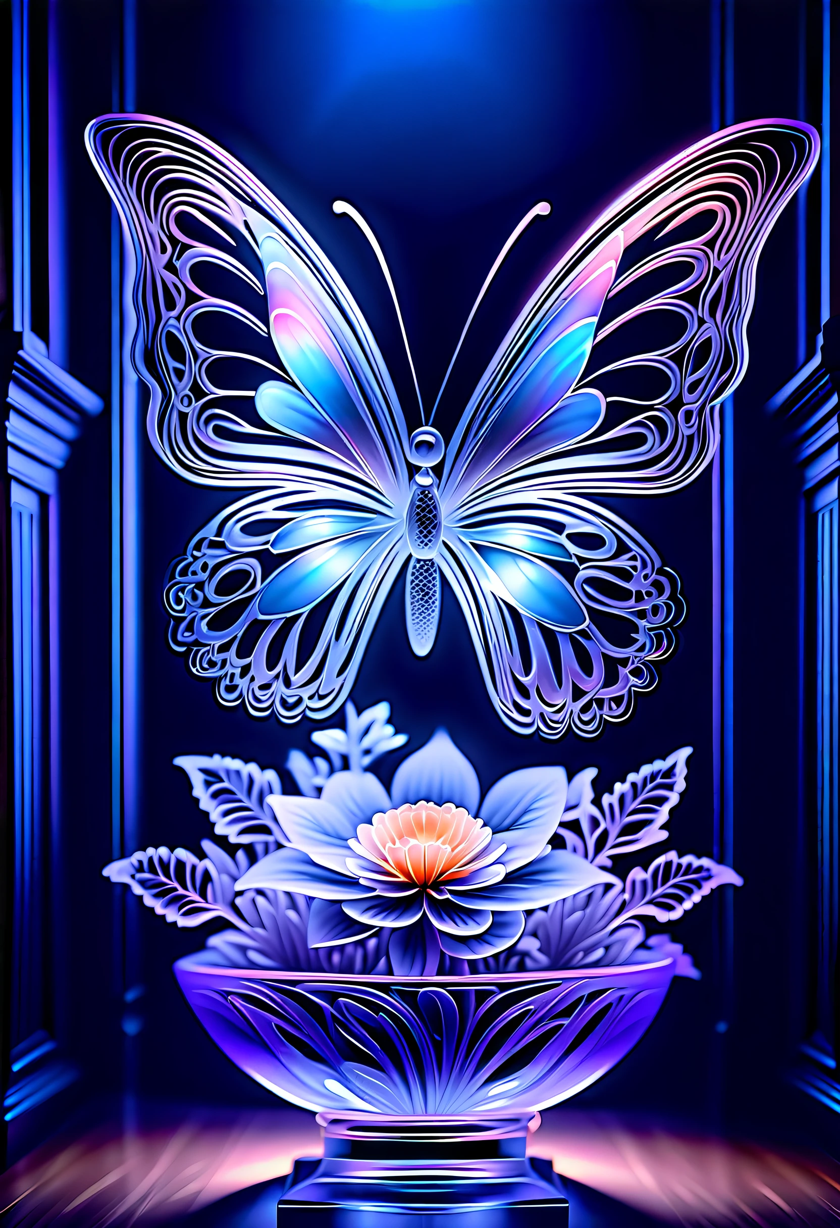 (((masterpiece that captures the essence of butterfly:1.3))), floating of stunning carve glass flower, gothic aquarium, transparent wish. (((intricate insane details and light and shadow atmosphere:1.3))), intricate details rich colors, (((stunning beauty 32k render:1.3))), (((holographic smoke glow:1.4))),