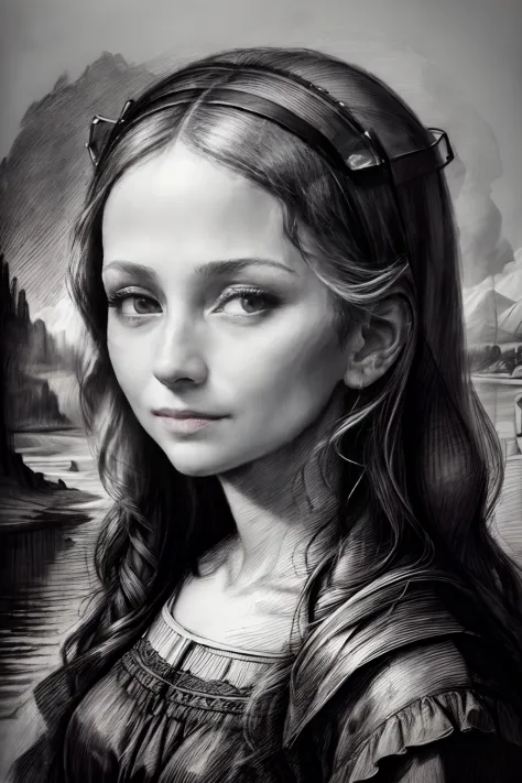 (highres,realistic,pencil sketch,detailed),(portrait,classic art),Mona Lisa's smile,delicate shading,subtle expressions,fine lin...
