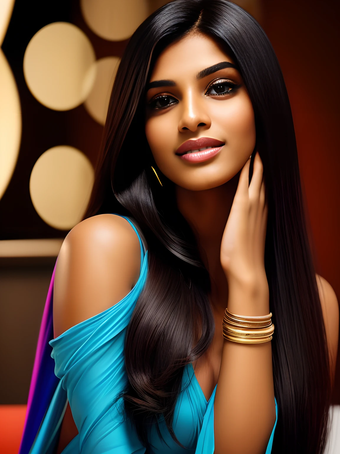 imagine a photoshoot inside studio, (ultra realistic:1.37), (extremely believable:1.6 picture) (intricate beautiful details of faces & eyes & ears & nose & lips & skin & body parts), of a beautiful 18 years old brown Tamil girl with long black hair normal breasts, (happy face) (cute expressions), covered modern outfits, clever makeup, quality clothing brands with fabulous designs, stylish footwears, hyper maximalized (realistic:1.2 background), minimal ornaments, vibrant colors, excellent quality lighting, brilliant cinematic effects