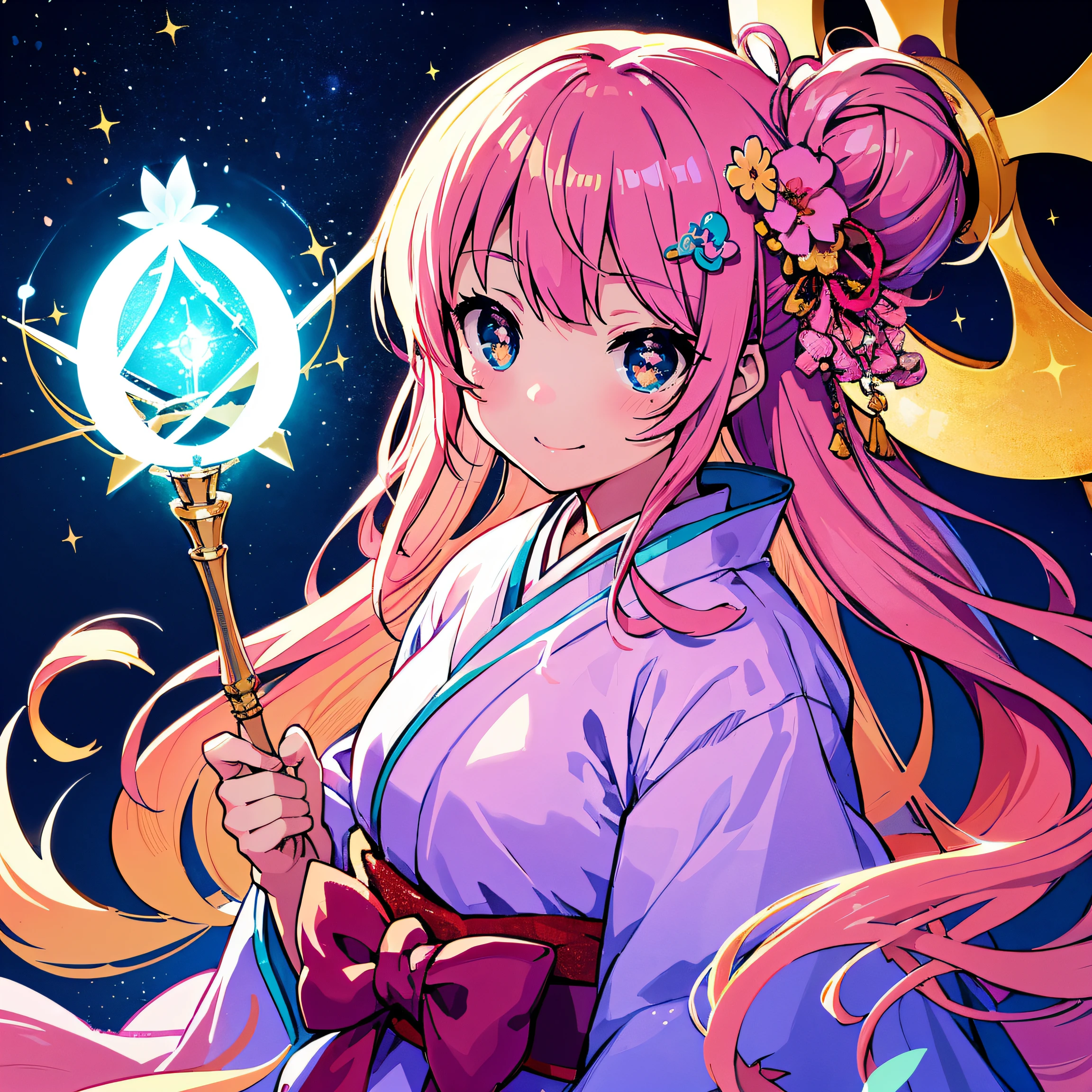 Best Quality,delicate illustration,Manga,pixiv art,Anime Art,Unity 8k壁纸,ultra delicate line drawing,kawaii,Cute,Happy smile,blush,eyes focus,Portrait,ultra-detailliert,((Heavenly daughter,goddes,healer)),(( Kimono,feater,golden hair ornaments,Holding the Holy Staff)), kawaii,Cute,Kawaii Girl,Solo,The upper part of the body,((pupils sparkling eyes)),((gradient pink hair,shiny long hair)),Deities々Shikai,,Smiling,🌸,Skysky,Glitter effect,high key lighting,High color saturation,stylish ambiance,Cinematic feel,depth of fields,Manga,pixiv art,Best Quality,dreamy watercolor,Beautiful detailed eyes,Cinematic lighting