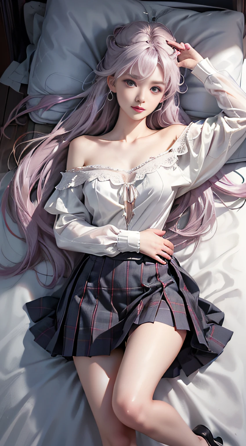 （Woman lying on bed）,1 girl, Silver hair, striated hair, bangs, Blunt bangs, Long hair, Pink hair, aqua eyes, longeyelashes, Purple eyes, makeup, Smile, Parted lips, Realism, Verism, Surrealism, depth of fields, One-person viewpoint, F/1.8, 135 mm, canon, nffsw, retinas, masutepiece, ccurate, Anatomically correct, Textured skin, Super Detail, high details, High quality, Best Quality, hight resolution, 1080P, hard disk, 4K, 8k、（Full Body Angle）、(o Off-the-shoulder translucent white blouse), (Loose red tie)、(Dark blue checked miniskirt),((Lift the hem of the skirt)),((lift up skirt))((Lace white panties are visible))（shapely breasts,)、((sexypose))、(camel's toe)、shinny skin。realisitic、Photorealsitic:1.37)、(solo)、dynamicposes