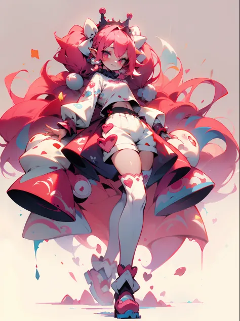 crazy cloud haired girl, pink hair, full body picture, pink eyes, heart shaped pupils, insane smile, blood splatter, 1GIRL, insa...
