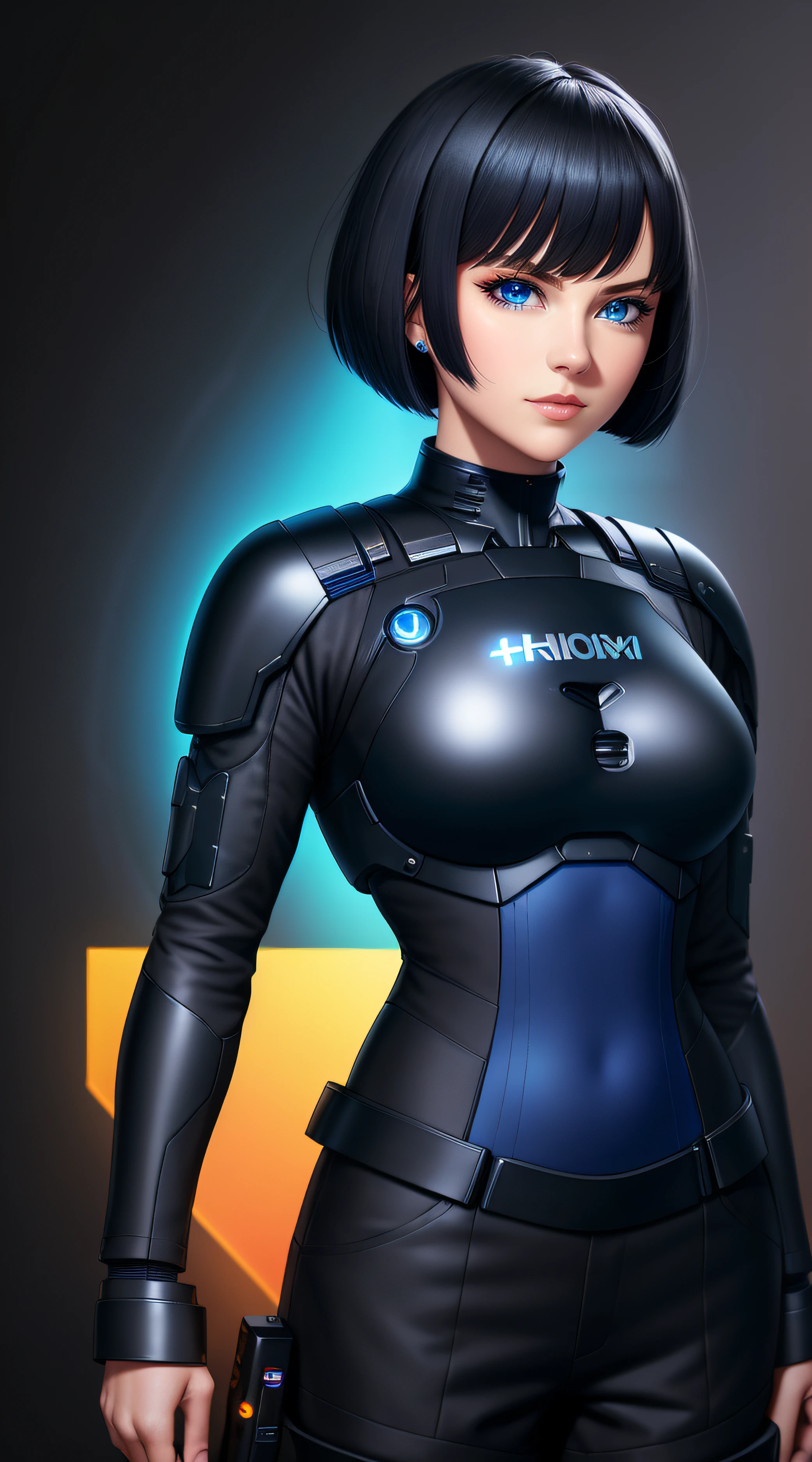 Science Fiction,Sci-Fi,Sci-Fi Movies,Foundation Movie References,Stories about Rebellion,Anti-Government Groups,25-Year-Old Woman, Full Body, Adult,Dark Blue Water-Colored Eyes,Black Bob Short Hair, open boiler suit,Serious Face,Realistic Face Resolution,Realistic,Object Resolution, (dark plain black background:1.4)