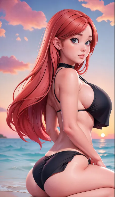picture of a beautiful young red haired woman in a black bikini sitting on a beach, beautiful portrait, Sunrise, pink sky, blue sea, marin kitagawa fanart, seductive girl, thicc, she has a jiggly fat butt, large heavy breasts, cutesexyrobutts, beautiful al...