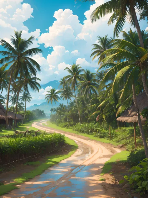 beautiful tropical village, muddy road, cloudy sky, coconut trees, distance rice field, distance river