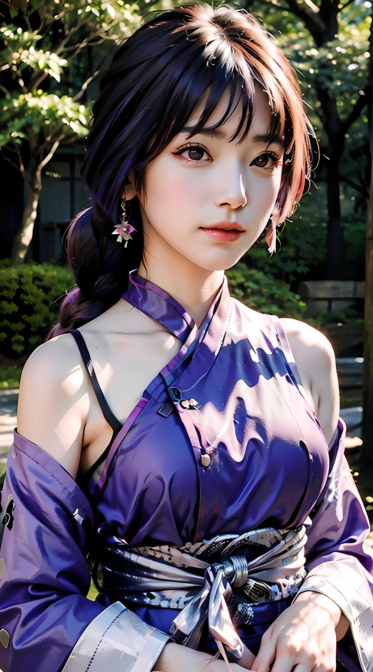 sumire kakei, single braid, purple hair, beautiful, beautiful woman, perfect body, perfect breasts, wearing a kimono, showing shoulders, wearing earrings, wearing a watch, in the garden, cherry trees, traditional Japanese house, looking at the audience, a little smile, realism, masterpiece, textured skin, super detailed, high detail, high quality, best quality, 1080p, 16k