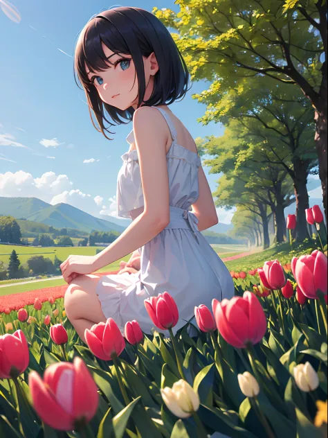 1 girl, small number of tulip flowers in the foreground，Medium green meadow，The vista is alpine, the blue sky is white, and goes，Natural light at noon，masterpiece，8k