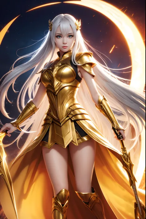 Full body, silver-haired girl, Golden Eyes, Angelic body and face, And golden angel armor in a miniskirt, Wielding a spear, Wear a cloak, sheild, and the Golden Circlet, Sit on the Golden Light Throne, golden wings, Sun, and moon background scene, Magic Ci...