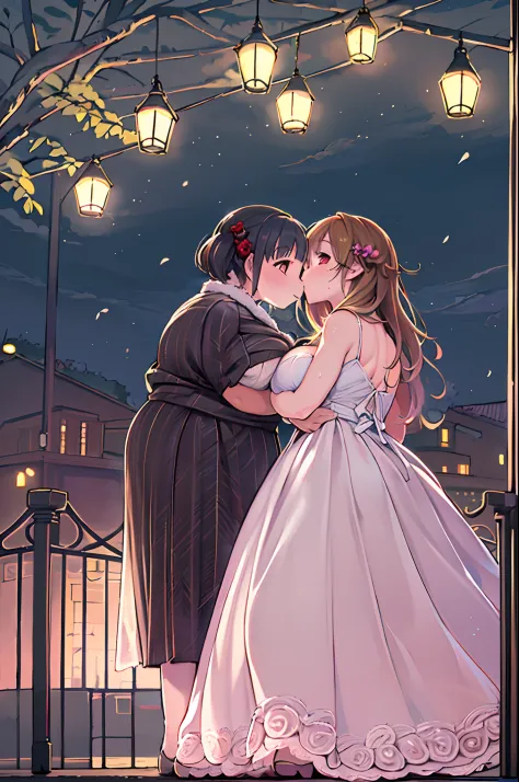 (Best Quality, High Definition, masutepiece:1.2,), Illustration, Night, 2girls, Full body, (wedding dress), arm behind back, Waiting for a kiss, Looking at Viewer, Happy, blush,lesbian、Girls to girls、huge-breasted、bbw