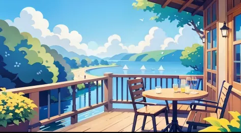 Beautiful landscape painting、Cafe terrace seating、blue-sky、ultra-quality、masutepiece、Natural Color、Lazy dog