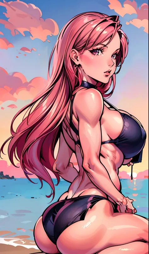 picture of a beautiful young red haired woman in a black bikini sitting on a beach, beautiful portrait, Sunrise, pink sky, blue sea, marin kitagawa fanart, seductive girl, thicc, she has a jiggly fat butt, large heavy breasts, cutesexyrobutts, beautiful al...