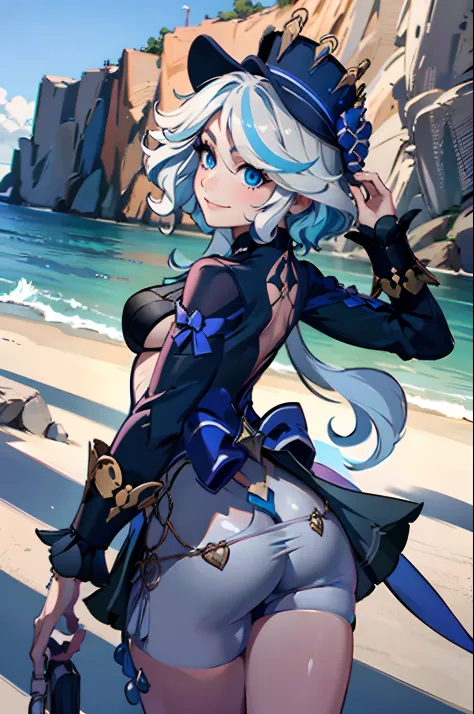 big ass, huge ass, ,  loli, with wide hips, bikini,  on a stroll in the beach loking at the sea, cute face, smiling, flips flops,