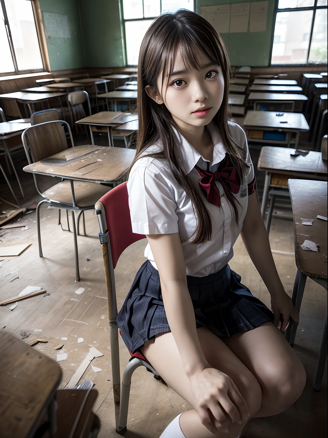 (SONY_a1.SEL50F12GM.Shooting in combination with), (1girl in), Solo, Amazing face and eyes, Serious face, (School uniform, Pleated skirt,:1.3), (Best Quality:1.4), extremely detailed CG unified 8k wallpaper, Highly detailed, High-definition raw color photos, professional photograpy, Realistic portrait, (Closed, Abandoned classrooms, Broken desk, Broken chair:1.5), (Dark classroom:1.3), A scene from a horror movie,