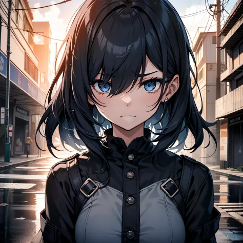 In a unique manga style, Rain pouring down from the sky. In a downpour, Female Soldier at a Crossroads, Her uniform was drenched — a testament to both practicality and resilience. Her eyes, Large and expressive, Reflecting the storm of thoughts in her mind...