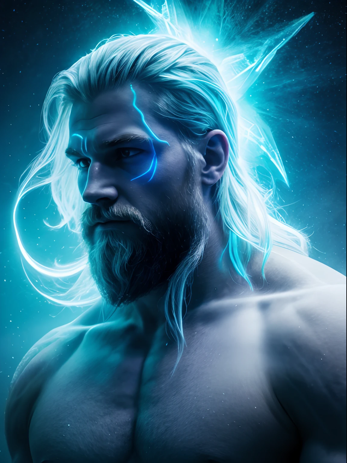 Неоновый фрактальный голографический астрализм небесного красавца-воина-викинга, сильный мужчина, Цветность изменилась с ледяного синего на призрачно-белый, Эфирный, мистический и интенсивный