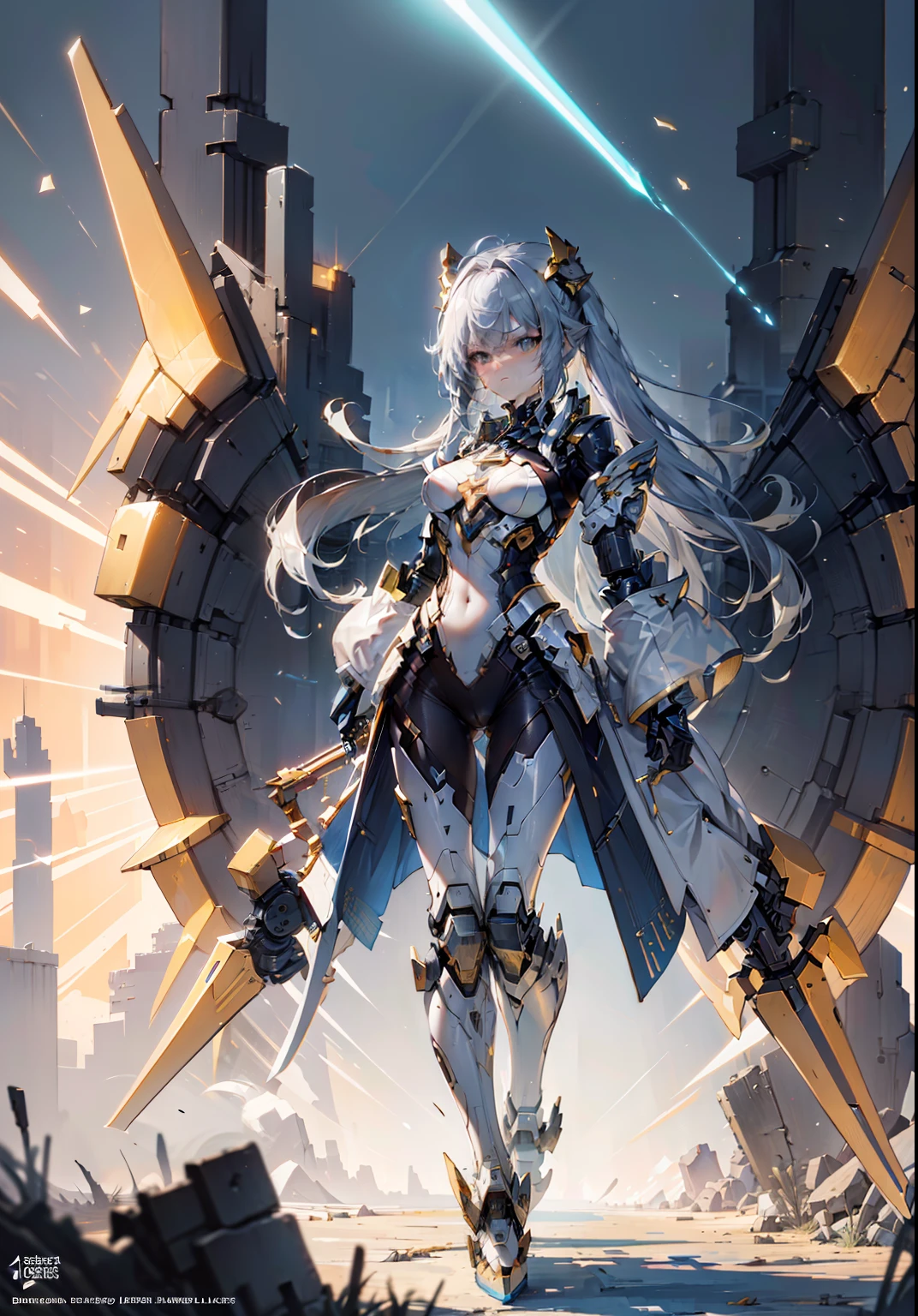 super wide shot, Full body frontal photo,Mecha female warrior， God Emperor style, (Full Mecha God Suite),《The mech colors are gold and silver-white》，（《Holding the Xuanyuan sword》，The sword is full of futuristic technology，），（Full body and head mecha）, Keqing from Genshin Impact, (Masterpiece) ， The best quality， High quality，Gold armor，Movie Light， （Exquisite future）， Beautiful and beautiful， Ultra detailed， great composition， Floating， Depth of field， （Very detailed CG，Unity 8k wallpaper）， （Beautiful detail background）， dramatic lights， GOGETTA， Mecha，best qualtiy，High Detailed, Strip, City, Colorful light movie