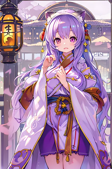 (Best Quality:1.4), hight resolution, masutepiece,, 1girl in,, Light purple hair, Purple eyes, (Kemomimi), huge-breasted, bare slim thighs,, Hair Ornament, (Red|White Japan priestess uniform), Detached sleeves,, blush,, lantern, shrines,, Detailed face,