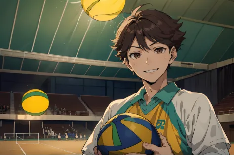 1man, oikawa tooru, perfect face, cute, volleyball, volleyball court, cinematic lighting, smiling