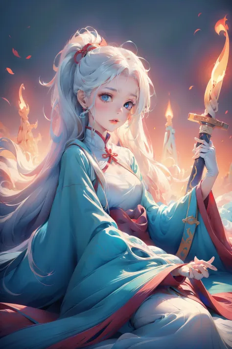 Kiana Kaslana，A girl with long white hair，8K，Delicate girl，Armed with a red giant sword，blue colored eyes，White clothes，Cute，Mas...