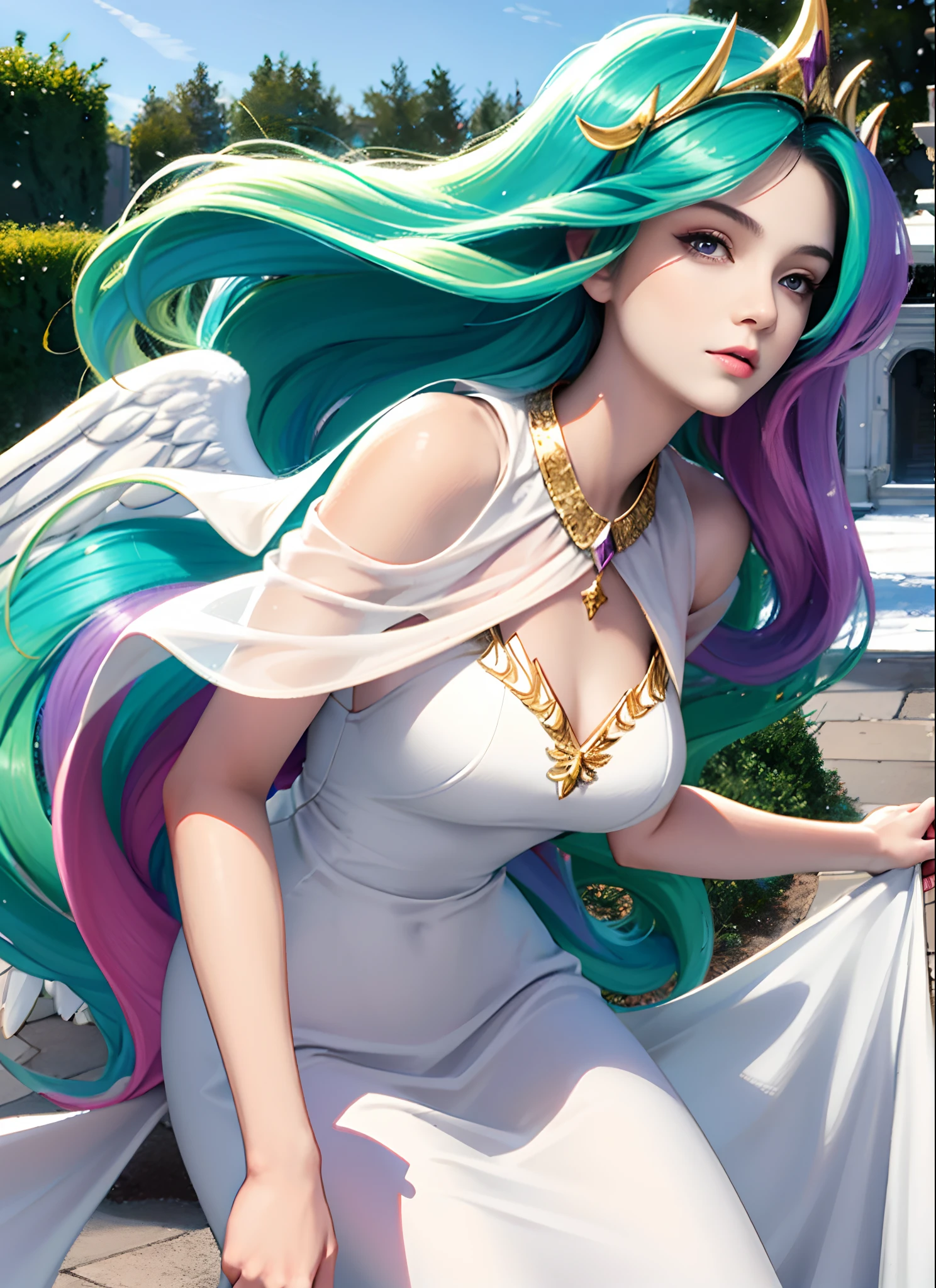 garden, Princess celestia, goddess, winged woman, in a snow-white silk dress of light cut, attractive face, expressive chest. hd