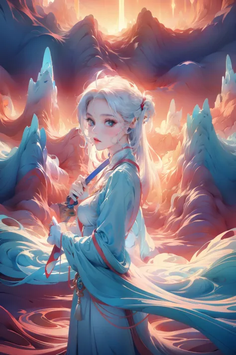 Kiana Kaslana，A girl with long white hair，8K，Delicate girl，Armed with a red giant sword，blue colored eyes，White clothes，Cute，Mas...