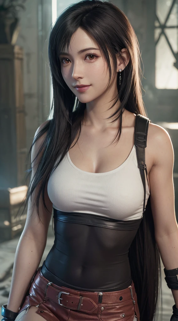 (mejor calidad, ultra detallado, Realista:1.37), Tifa Lockhart, cara delicada, cara detallada, Dulce expresión de sonrisa, cuerpo perfecto, textura ultra realista, Retratos, colores vívidos, iluminación suave