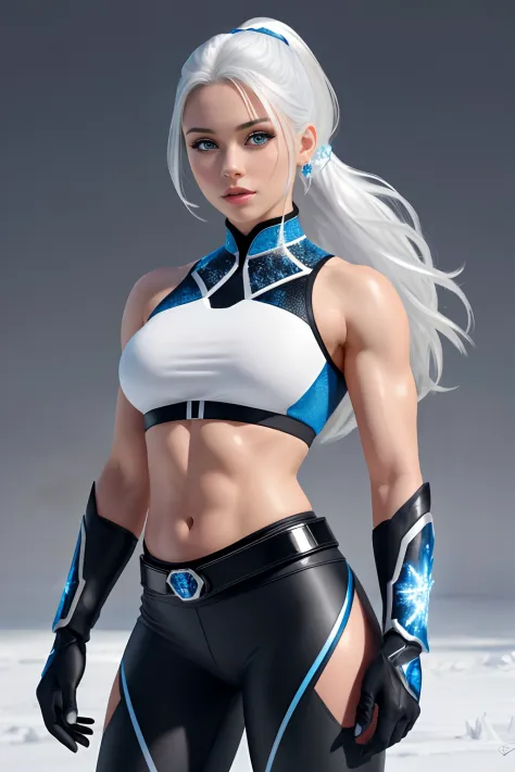 ( Masterpiece, 4k resolution, ultra-realistic, very detailed) sexy beautiful superheroine, has ice powers, white hair ponytail, ...