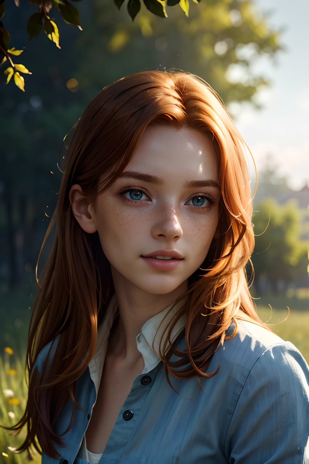 masterpiece, best quality, (colorful), cinematic lighting, extremely detailed CG unity 8k wallpaper, beautiful detailed face, an extremely delicate and beautiful, (dynamic angle:1.1),outdoors, ginger hair, photo of skinny 20yo girl, freckles, happy, soft, masterpiece, volumetric light, best quality, complimentary colors, dramatic lighting, intricate details, subsurface scattering,