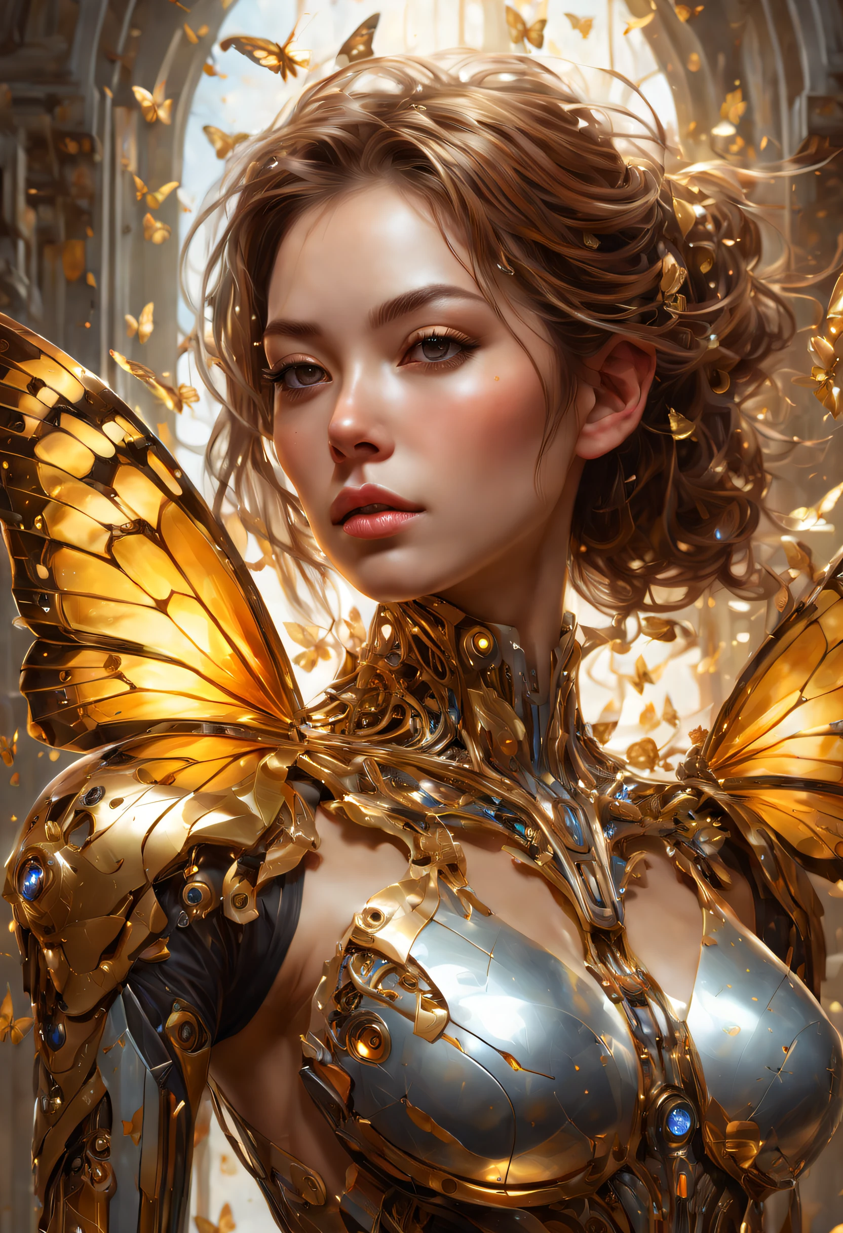 8k-Porträt eines schönen Cyborgs mit braunen Haaren, kompliziert, elegant, sehr detailliert, majestätisch, Digitale Fotografie, Kunst von Artgerm und Ruan Jia und Greg Rutkowski, surreale Malerei, goldener Schmetterling, filigran, Glasscherben, (Meisterwerk, Seitenbeleuchtung, fein detaillierter schöner Albtraum:1.2), HDR, göttliche Strahlen, Raytracing, Realismus, beste Qualität, 16k, highres, strukturierte Haut, super detail