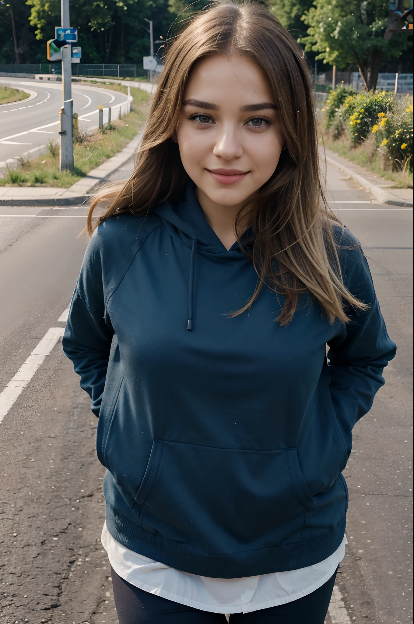 Arafed woman in a blue hoodie standing on a street corner - SeaArt AI