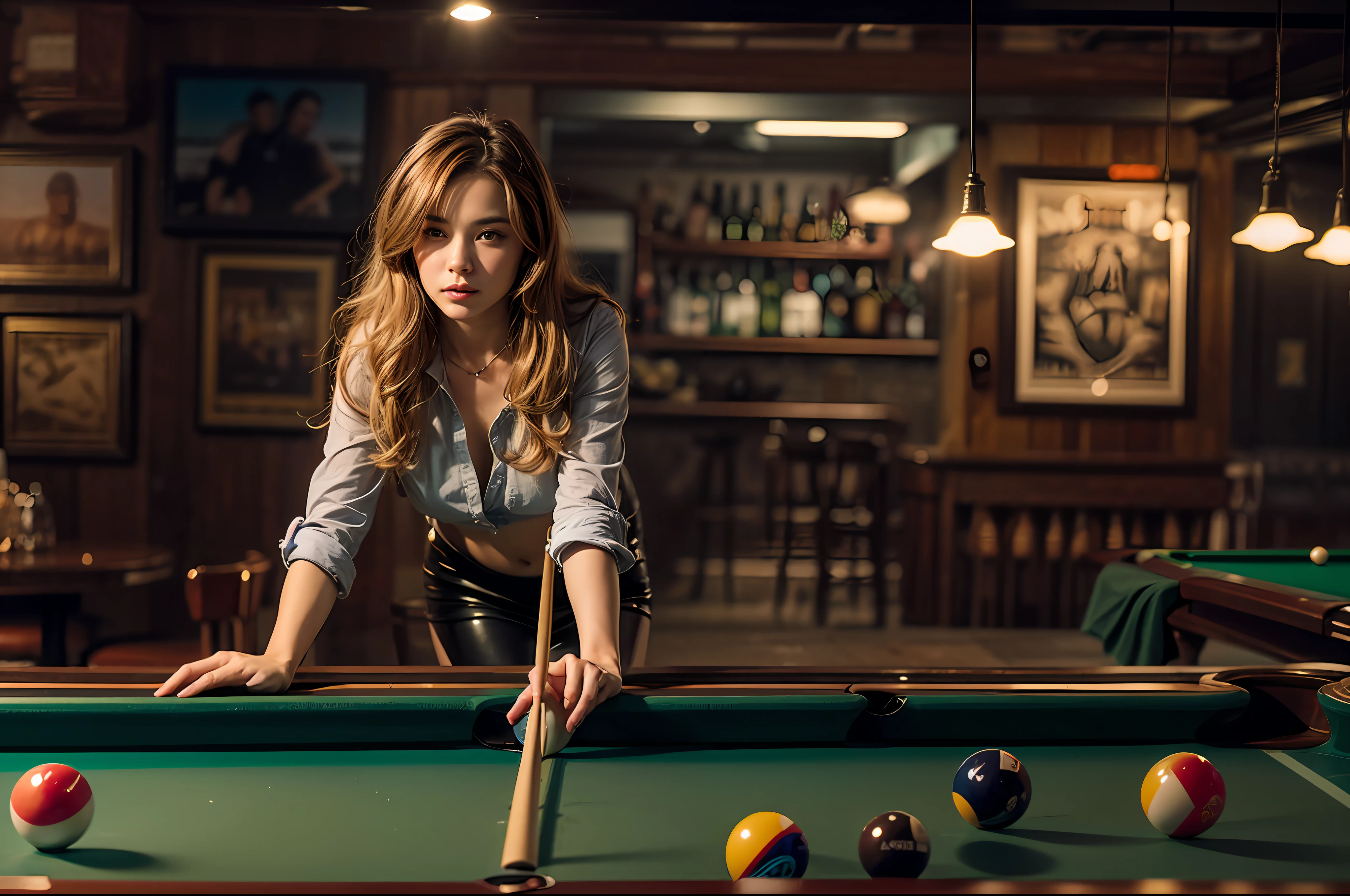 (Masterpiece), (intriciate detail), (Photorealistic:1.3), (film grain:1.3), cute 22yo woman model pose in front of pool table in a bar, with a billiard cue in her hands, cowboy shots,