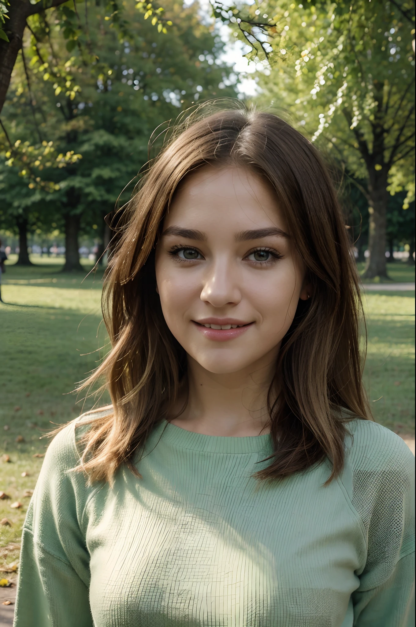 Arafed woman in a green sweater standing in a park - SeaArt AI