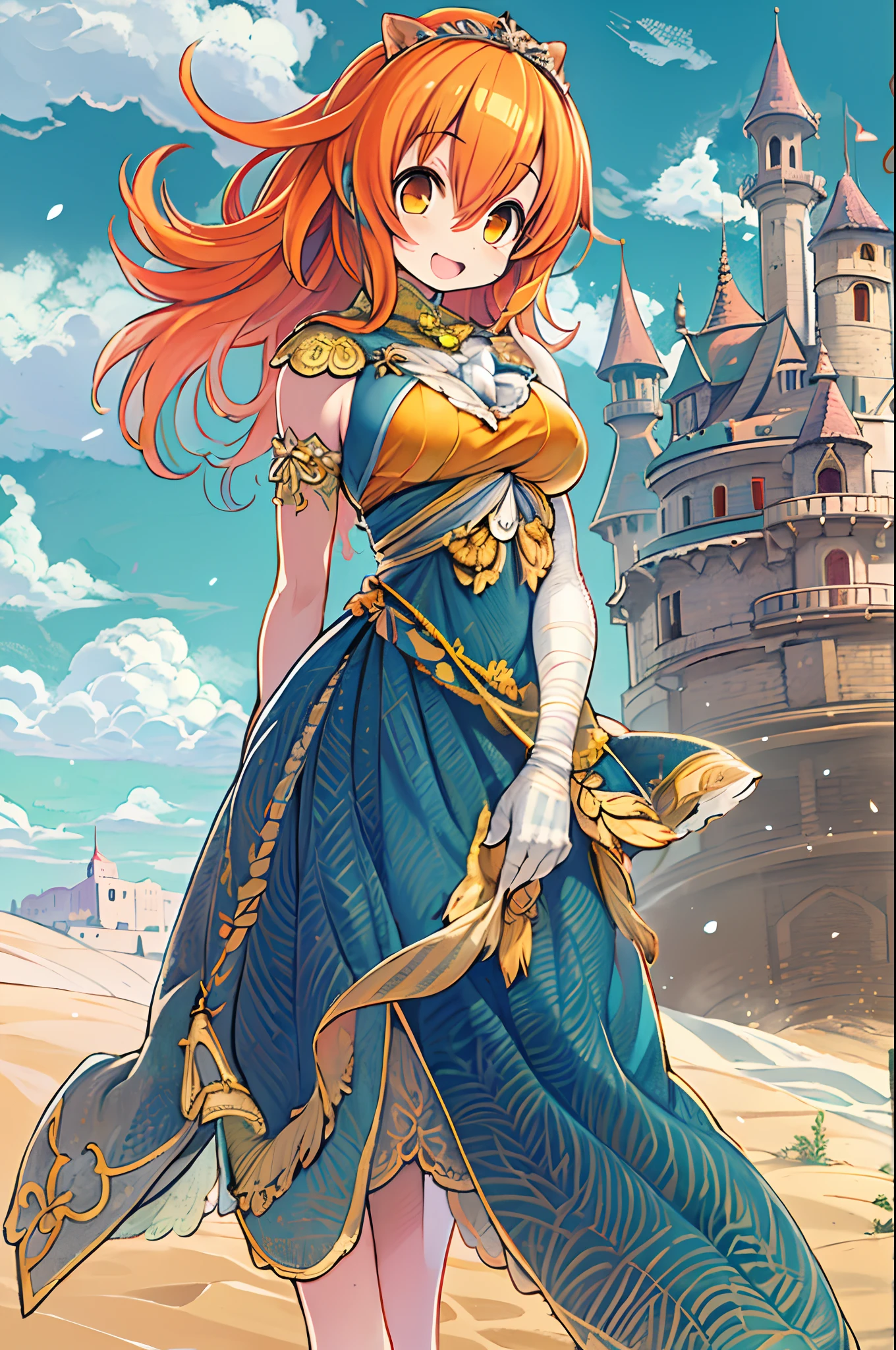 masutepiece, Best Quality, Solo, 1girl in, Orange hair, Blue hair, :D, Orange dress, Looking at Viewer, Outdoors, Sand, sand dunes, Huge castle, diadems, Standing, Full body, Cowboy Shot, Hands on hips,